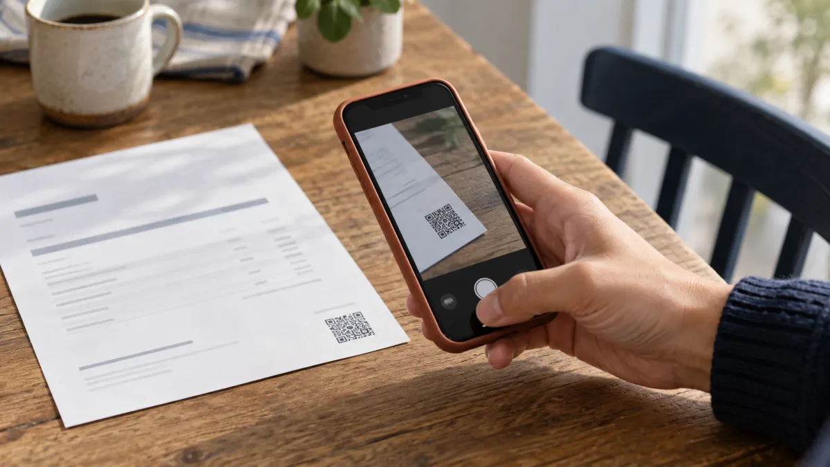 Mano escaneando con el móvil el código QR de una factura de papel