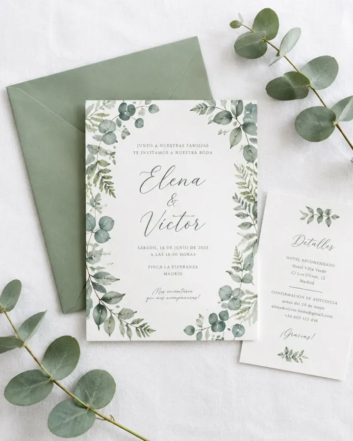 Invitación de boda Eucalipto, estilo botánico
