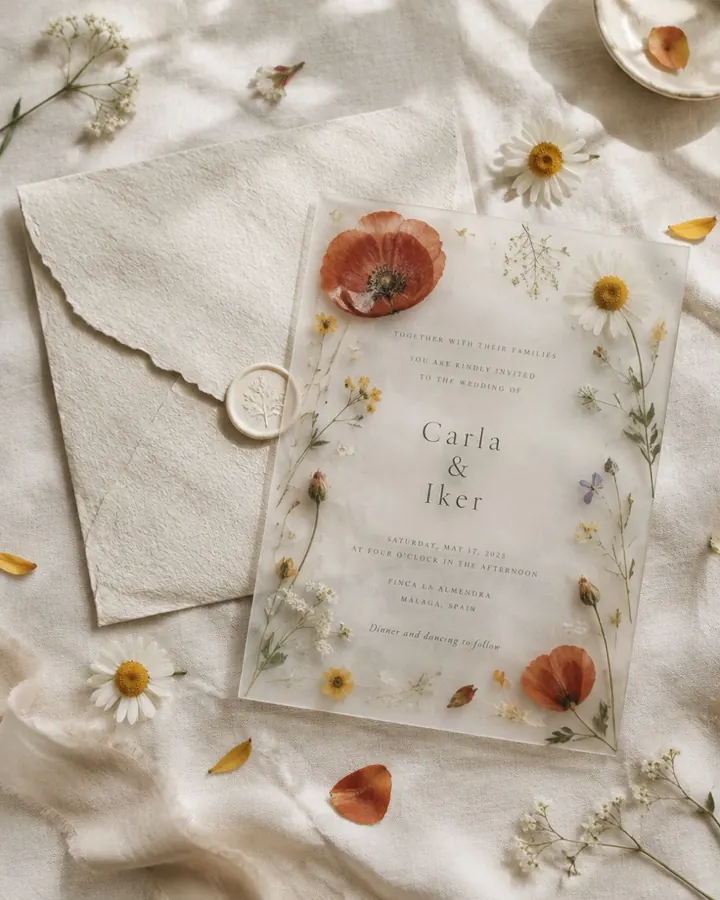 Invitación de boda Prensada, estilo romántico