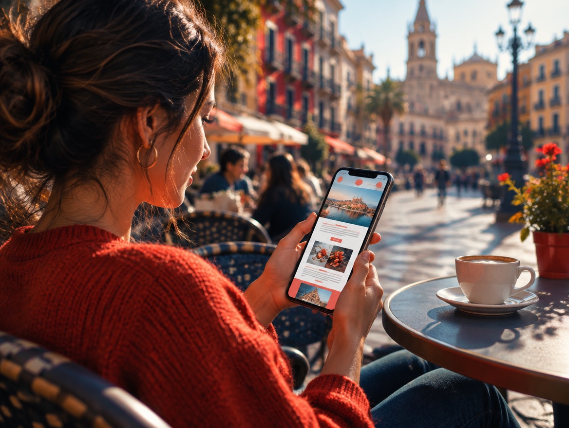 Clienta leyendo una newsletter en el móvil en una terraza