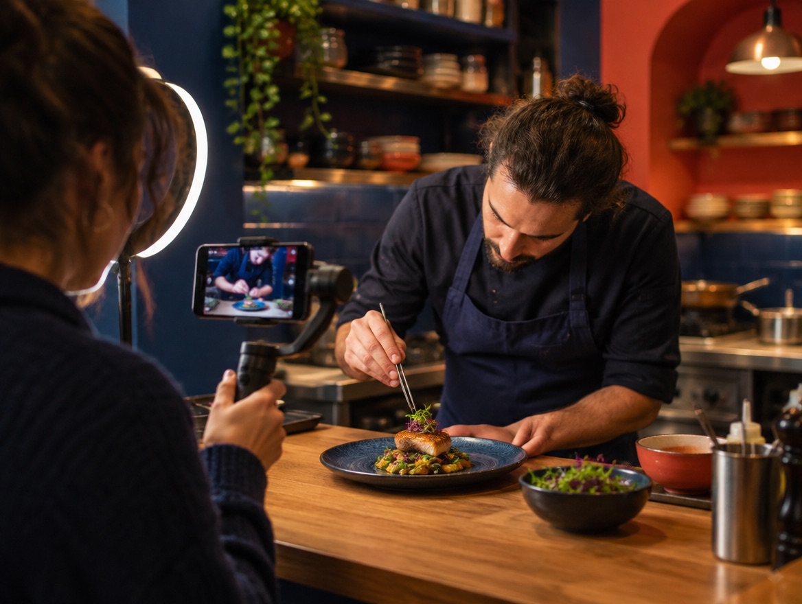 Grabación con el móvil de un cocinero emplatando en un restaurante
