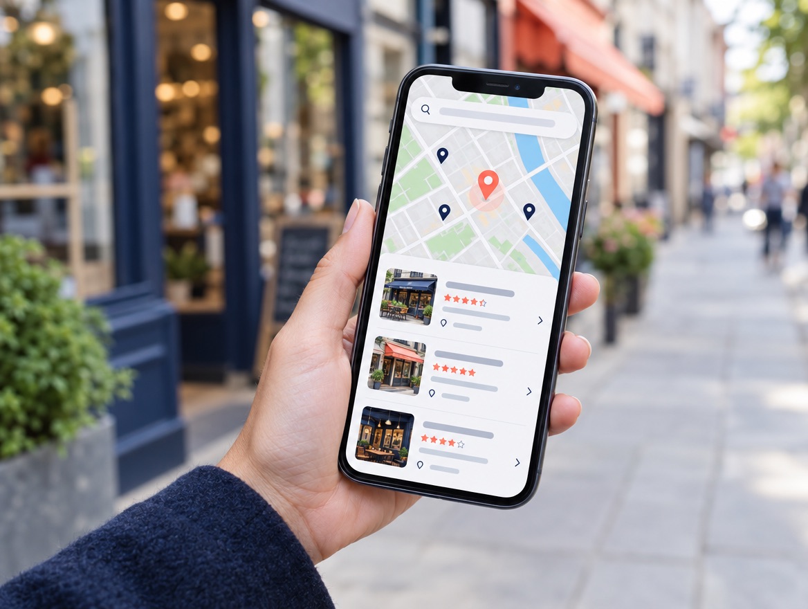 Móvil con una búsqueda local en el mapa y valoraciones de negocios