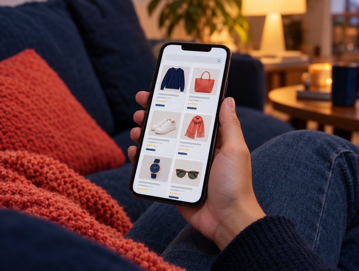 Móvil con resultados de búsqueda de productos con foto y precio