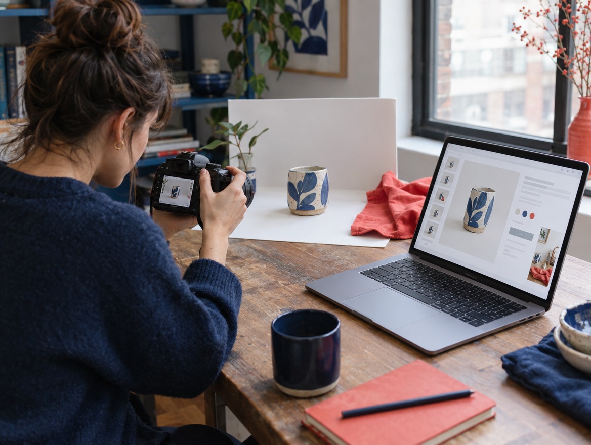 Dueña de una tienda online fotografiando un producto y editando su ficha