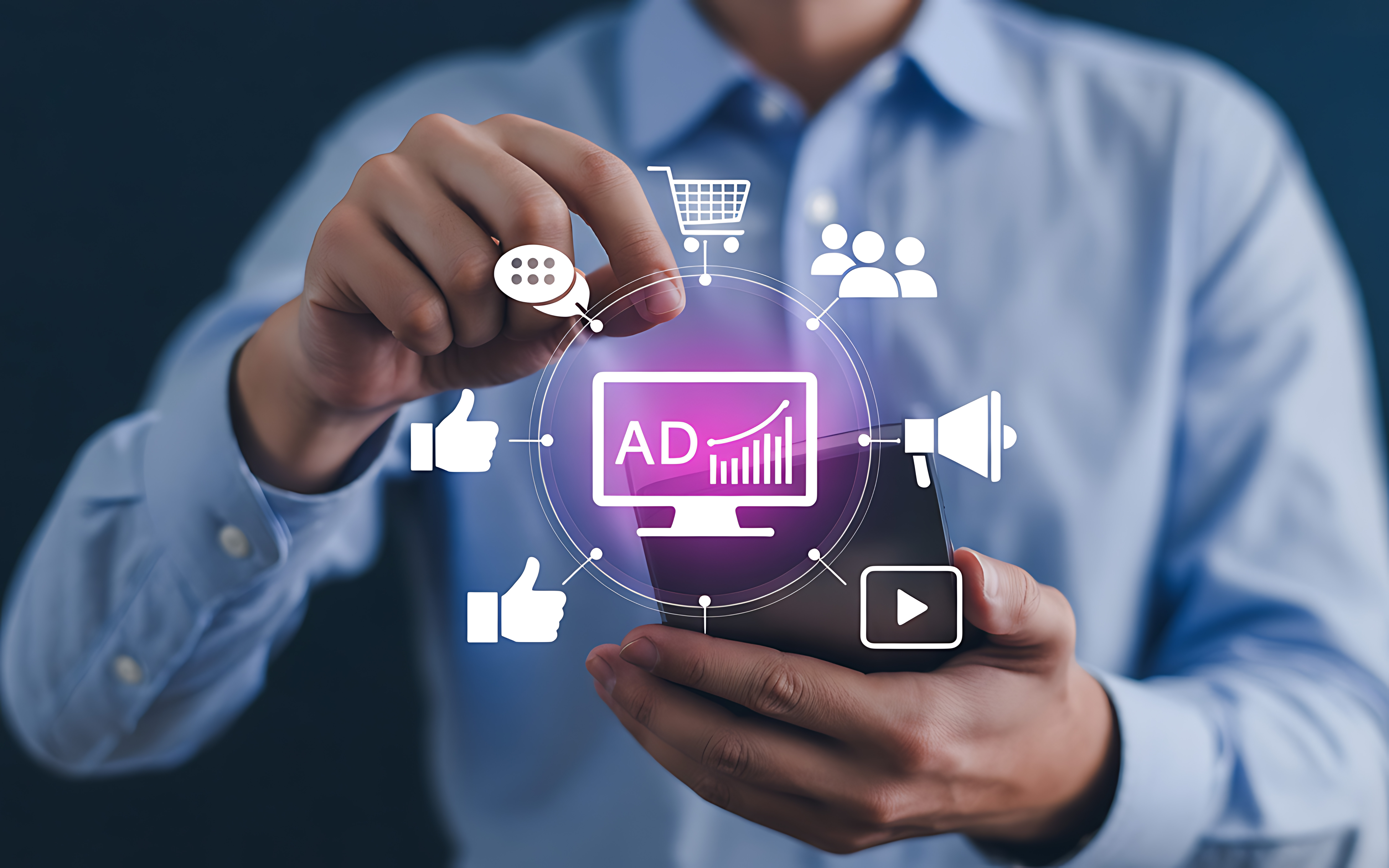 Man Using Smartphone for Digital Marketing and Online Advertising