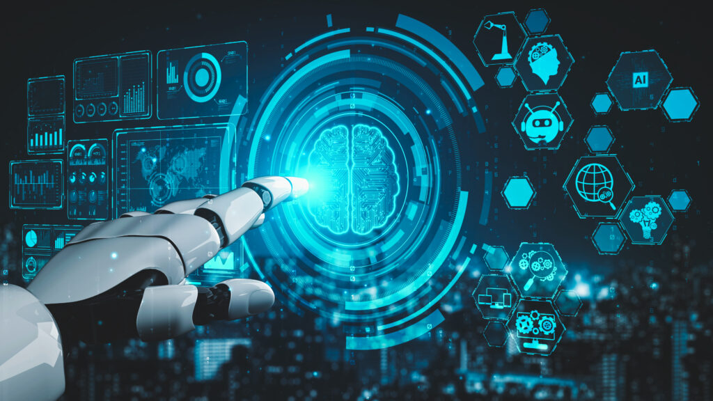 Futuristic robot artificial intelligence enlightening AI technology development and machine learning concept Global robotic bionic science research for future of human life 3D rendering graphic