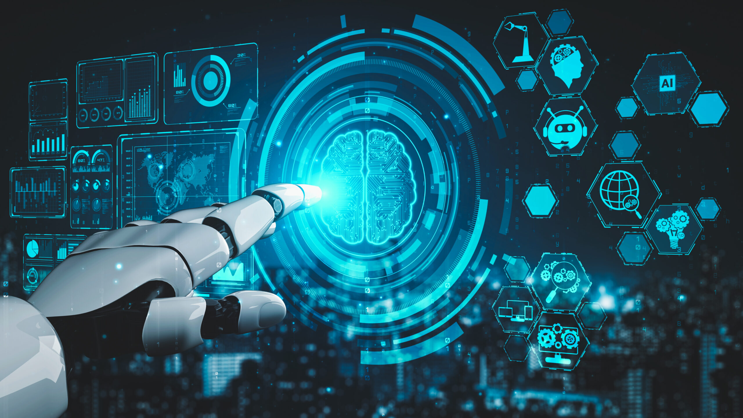 Futuristic robot artificial intelligence enlightening AI technology development and machine learning concept Global robotic bionic science research for future of human life 3D rendering graphic