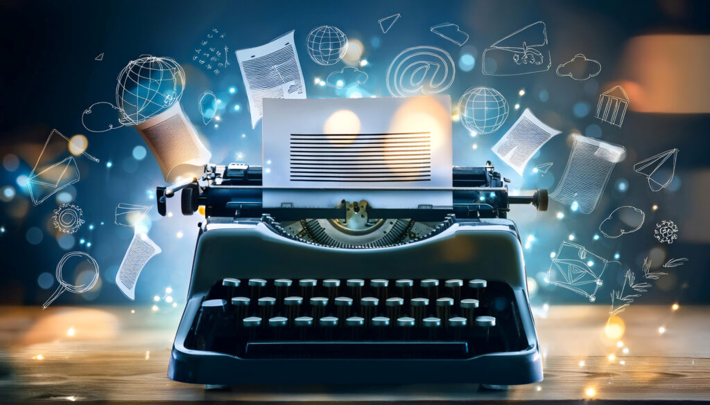 Writing and publishing an article featuring elements like a typewriter manuscript and publishing symbols symbolizing writing content creation and publication